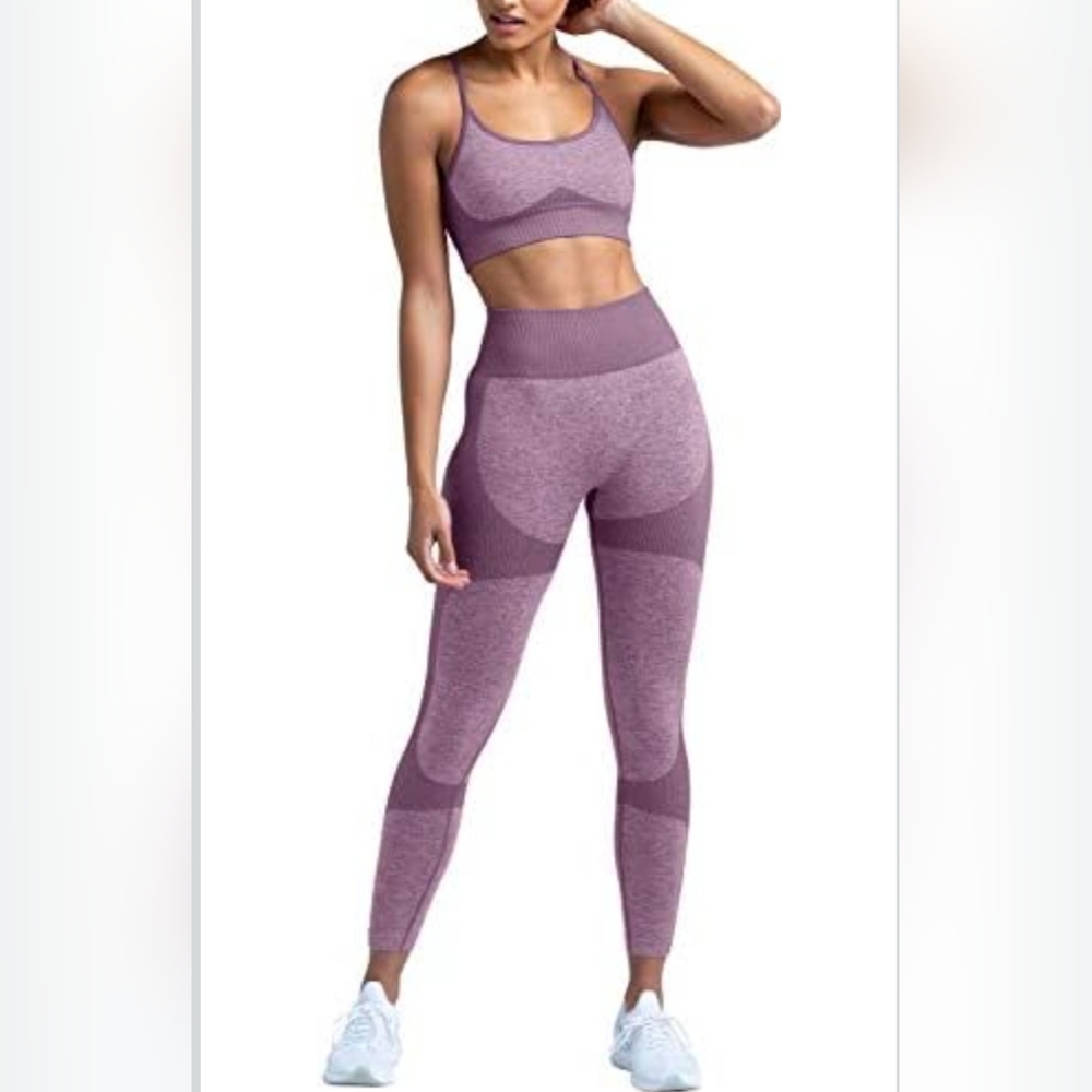 HAODIAN 2 Piece Seamless Slim Fit Yoga Leggings in Purple. Size L. GUC.